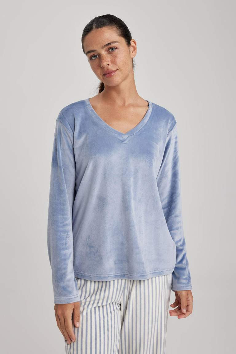 	Fall in Love Pijama Takım V Yaka Basic Düz Uzun Kollu Velur Üst Çizgili Beli Lastikli Alt