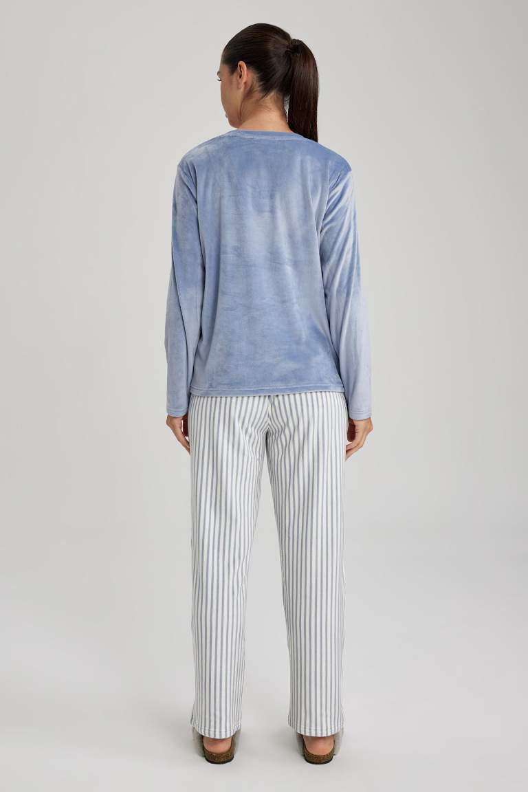 	Fall in Love Pijama Takım V Yaka Basic Düz Uzun Kollu Velur Üst Çizgili Beli Lastikli Alt