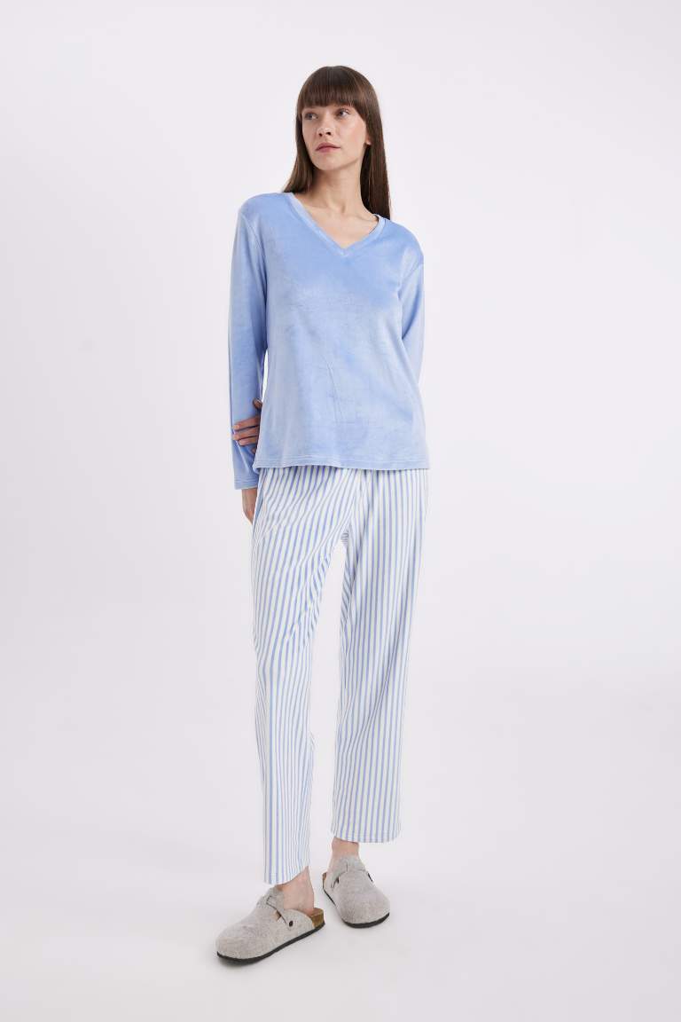 Pijama Takımı V Yaka Velur Uzun Kollu Üst Çizgili Beli Lastikli Alt-Fall in Love