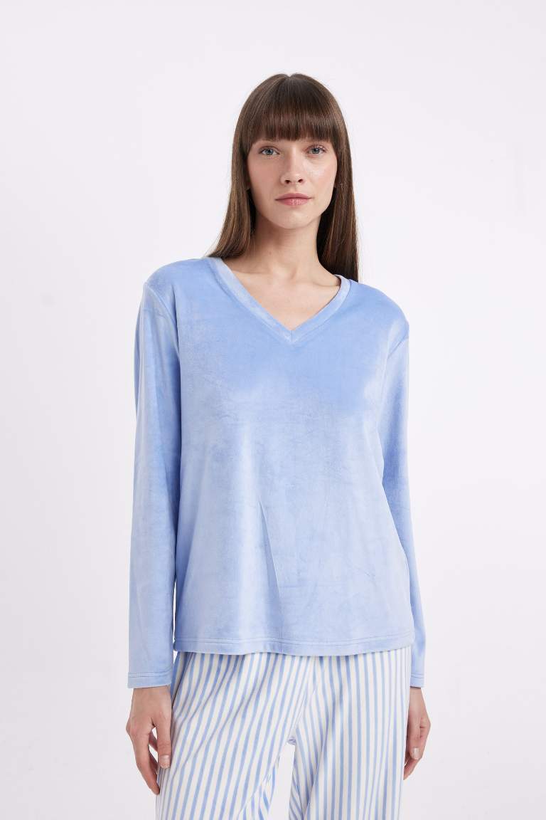 Pijama Takımı V Yaka Velur Uzun Kollu Üst Çizgili Beli Lastikli Alt-Fall in Love