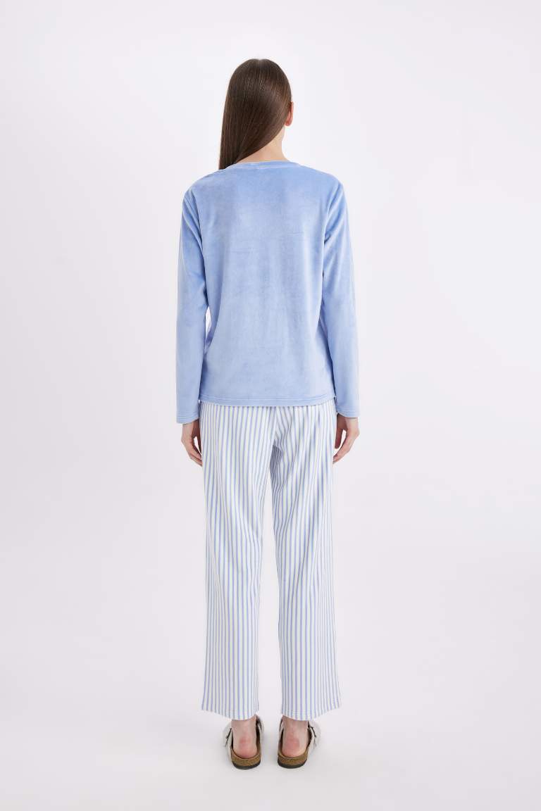 Pijama Takımı V Yaka Velur Uzun Kollu Üst Çizgili Beli Lastikli Alt-Fall in Love