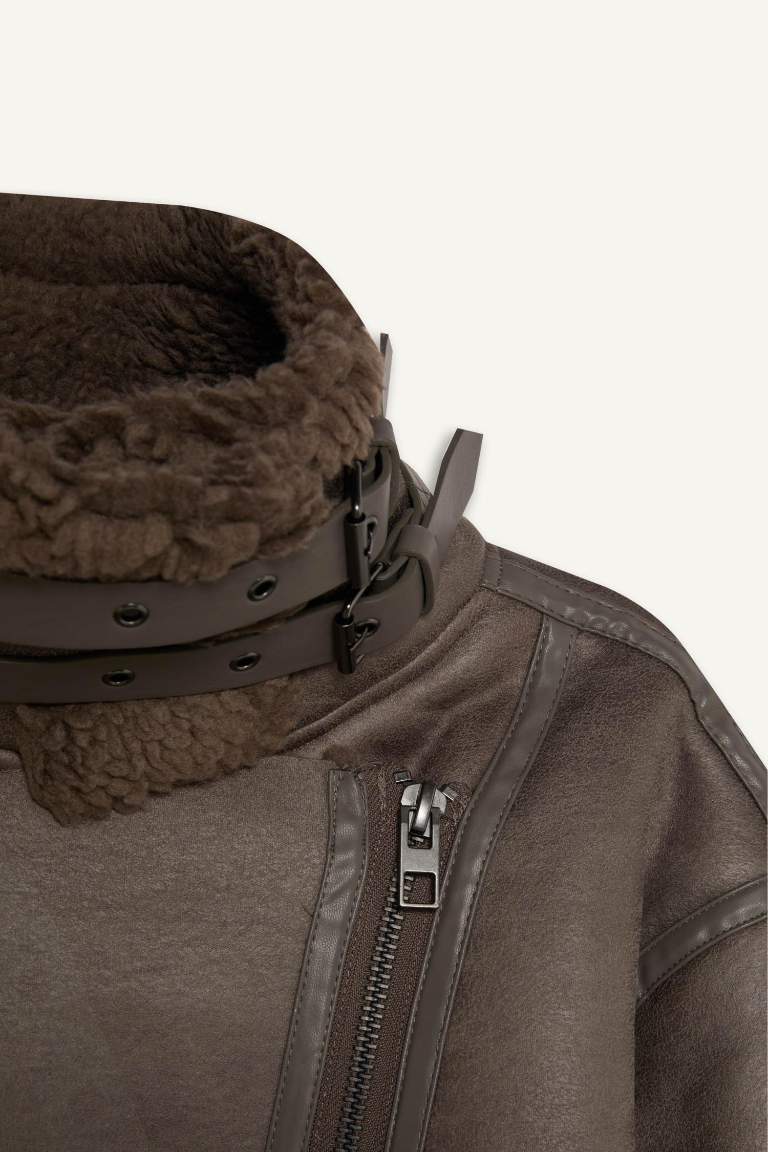 Su Geçirmez Süet Mont Oversize Geniş Kalıp Kruvaze Yaka Fermuarlı Cepli Mevsimlik Pelüş Astar