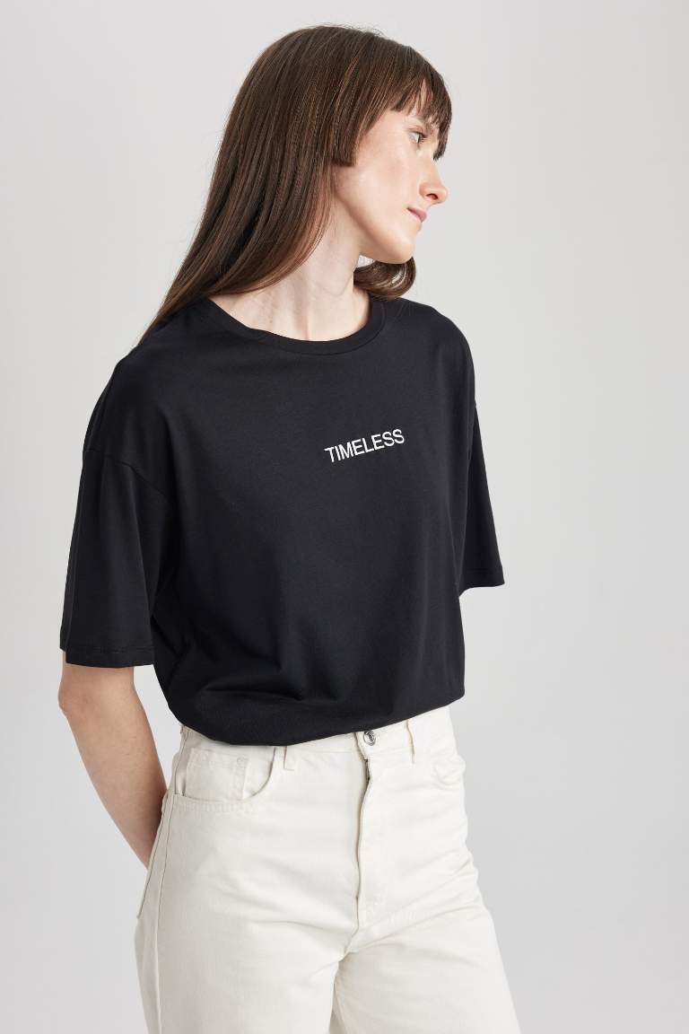 Relax Fit Crew Neck Slogan Printed T-Shirt