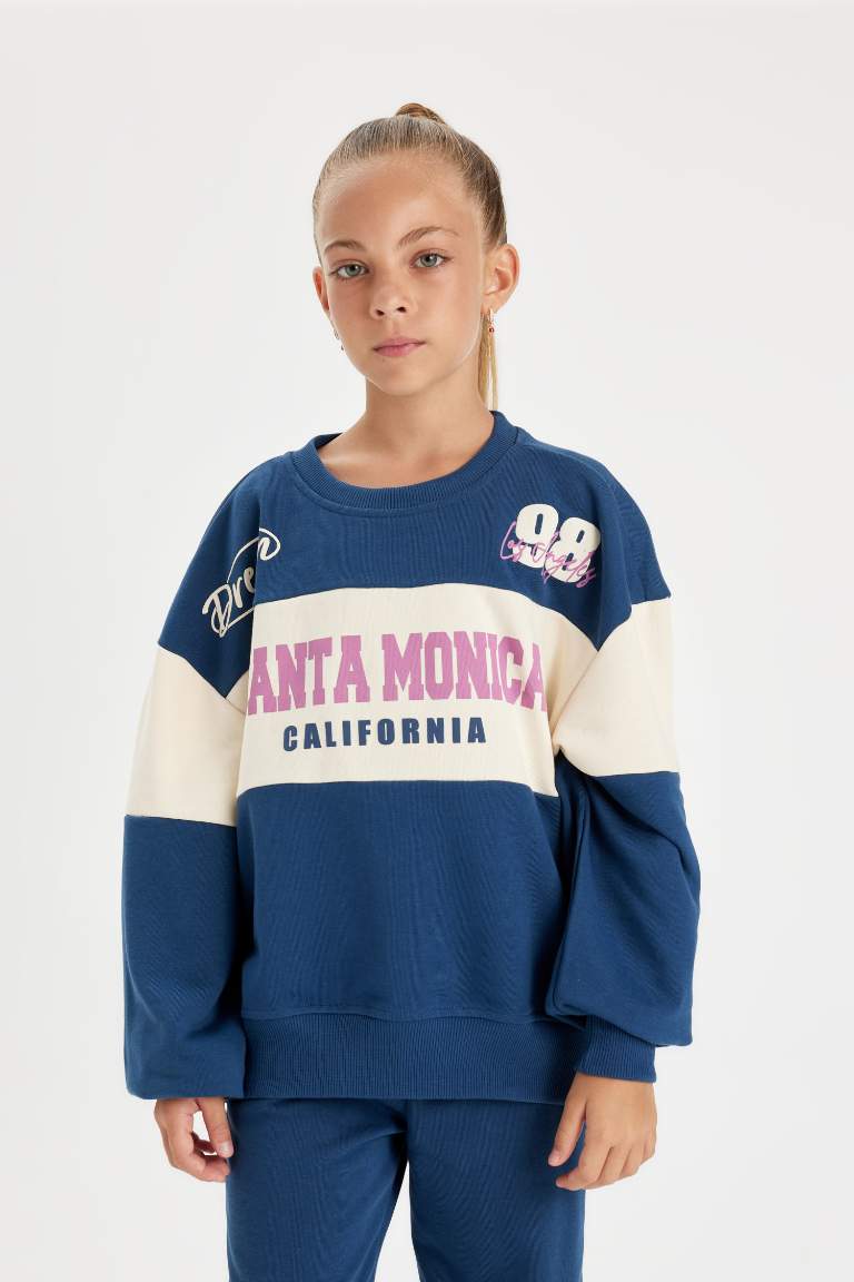 Kız Çocuk 2'li Takım Bisiklet Yaka Baskılı Sweatshirt Jogger Eşofman Altı