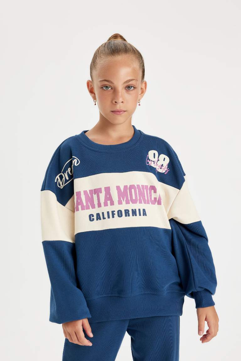Kız Çocuk 2'li Takım Bisiklet Yaka Baskılı Sweatshirt Jogger Eşofman Altı