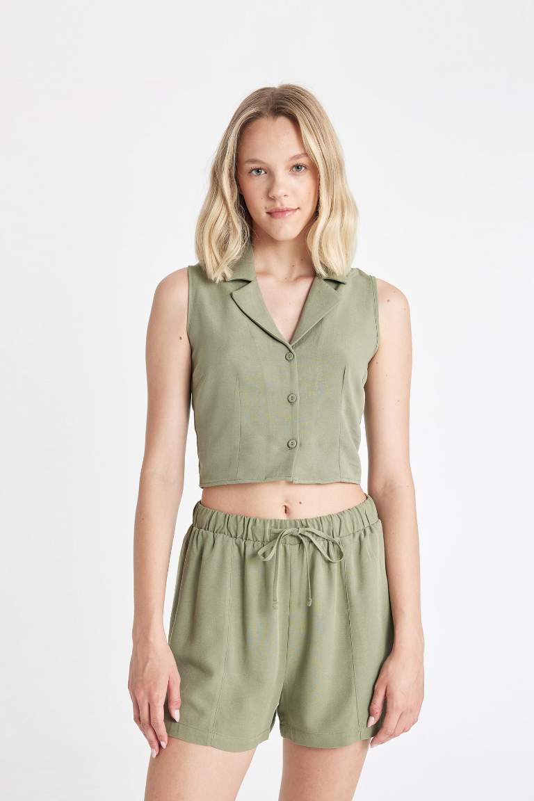 Fitted Pijama Yaka Keten Karışımlı Kolsuz Gömlek