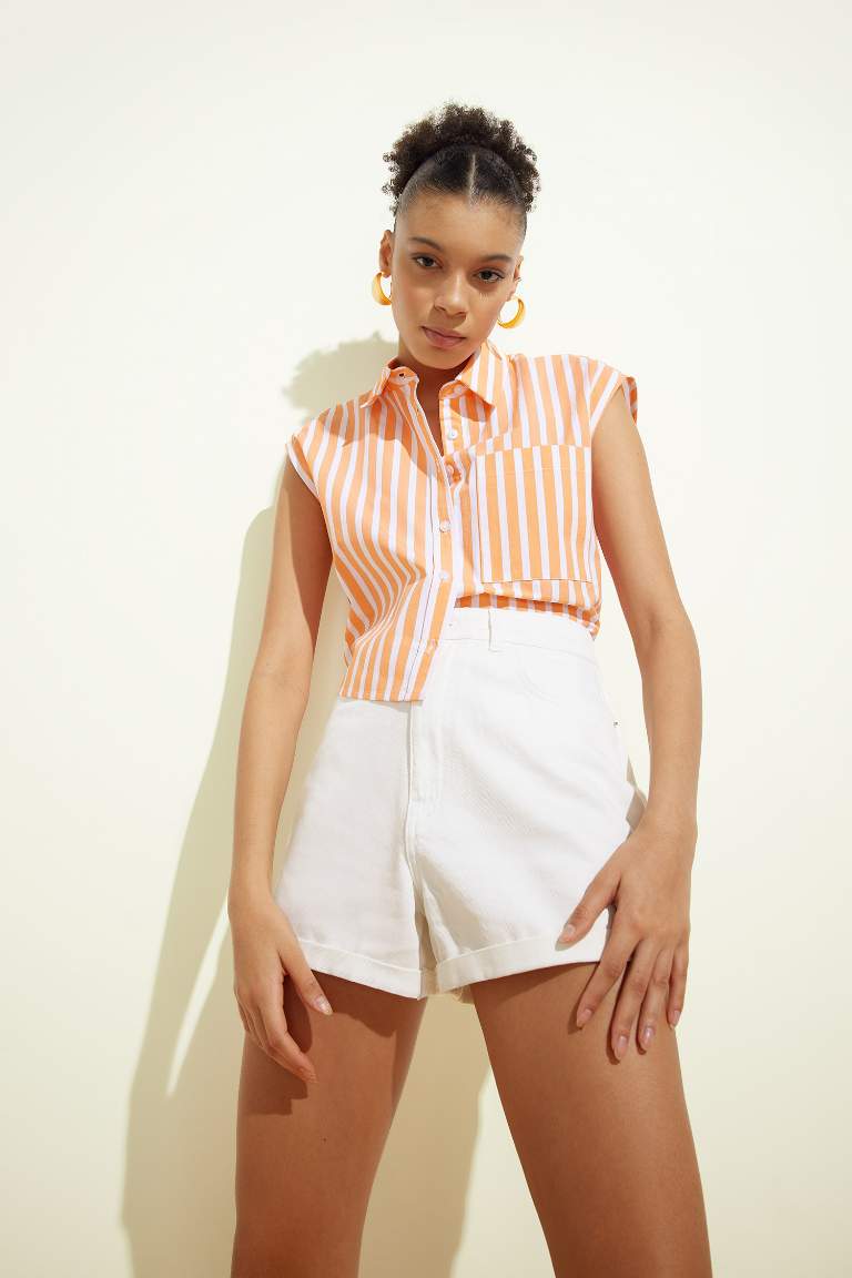 Cool Crop Top Shirt Collar Striped Poplin Sleeveless Shirt