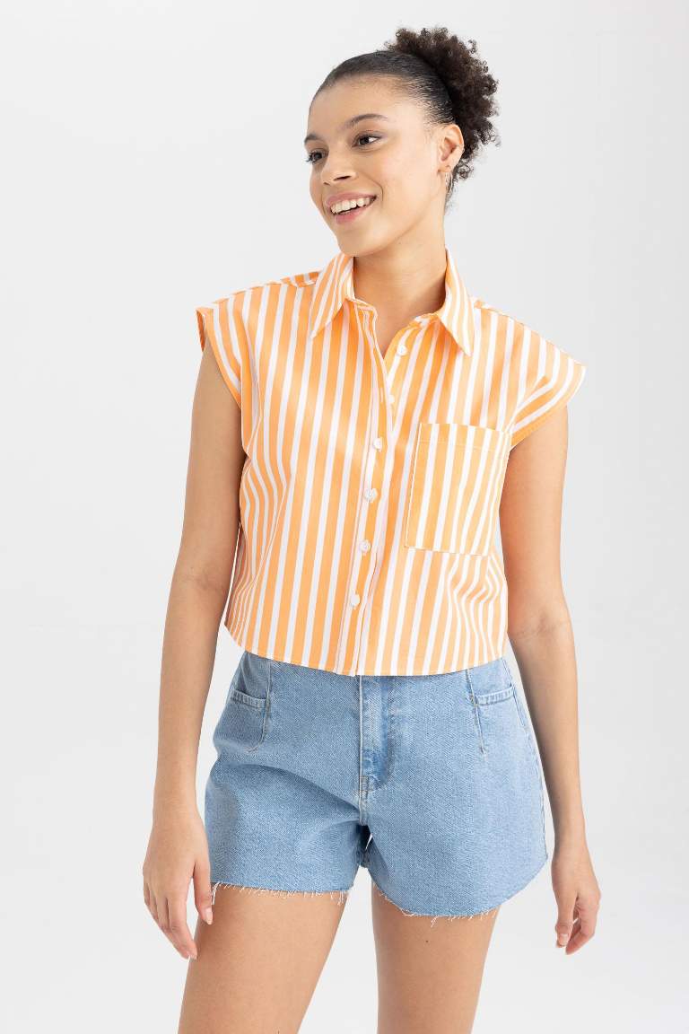 Cool Crop Top Shirt Collar Striped Poplin Sleeveless Shirt