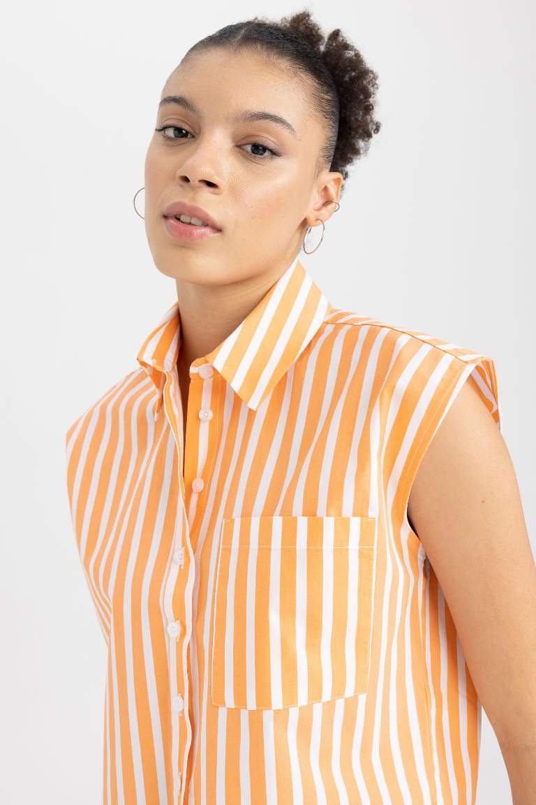 Cool Crop Top Shirt Collar Striped Poplin Sleeveless Shirt