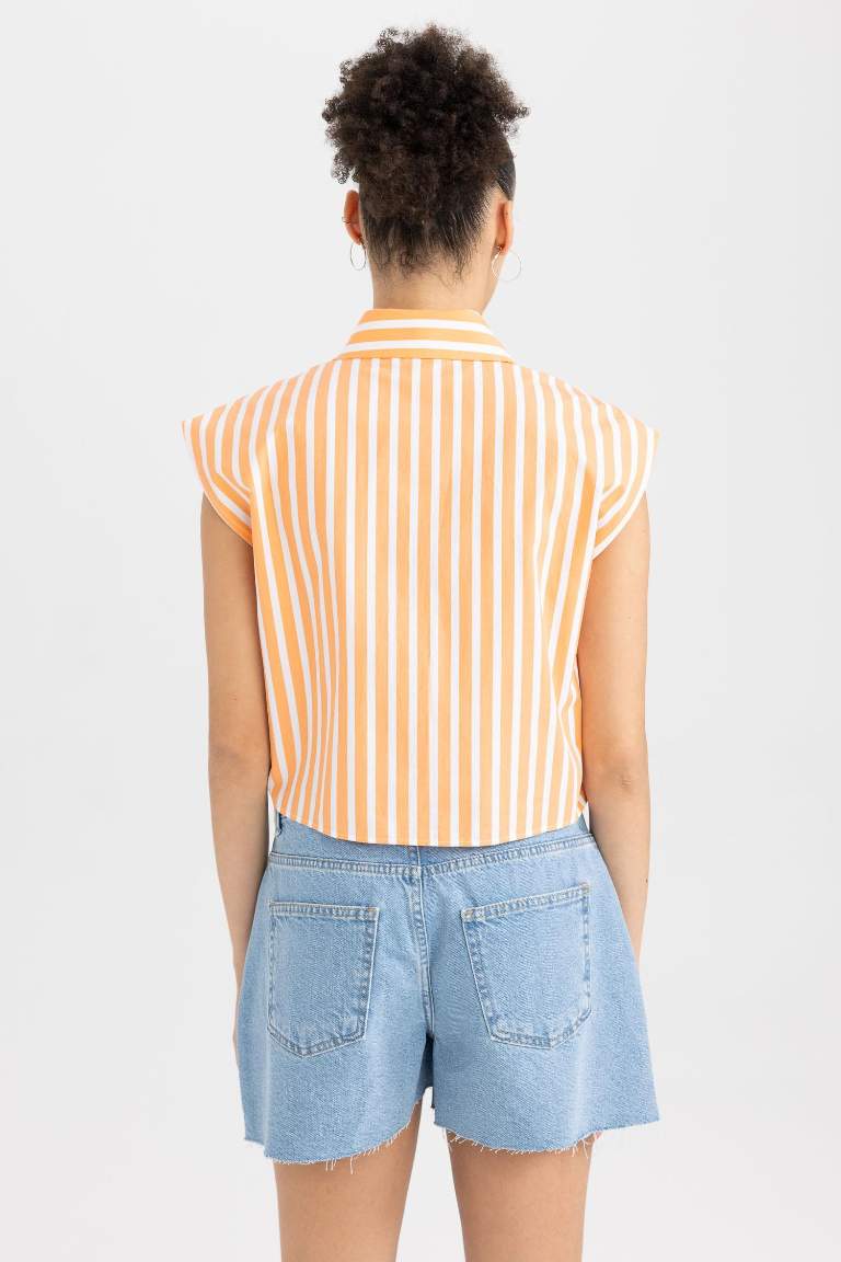 Cool Crop Top Shirt Collar Striped Poplin Sleeveless Shirt