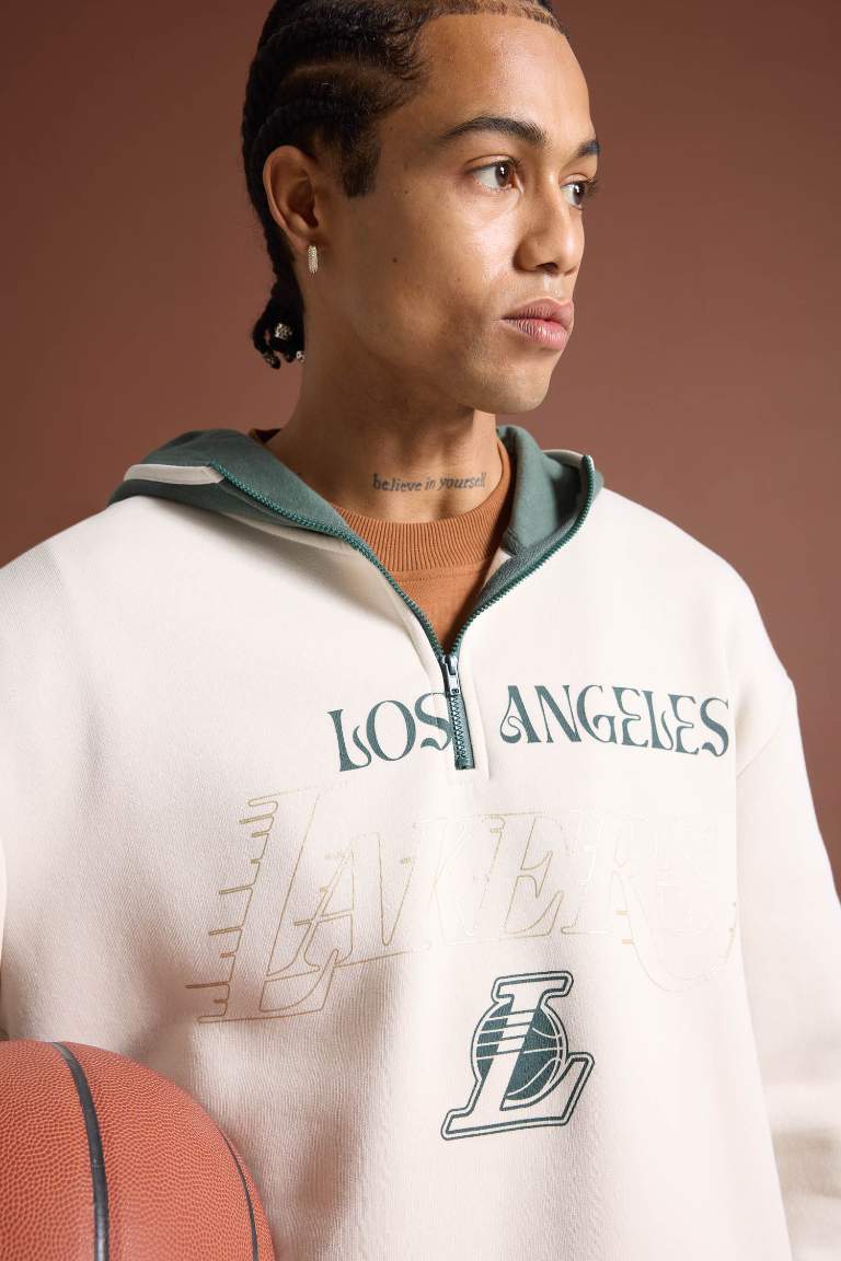 DeFactoFit NBA Los Angeles Lakers Boxy Fit Kapüşonlu Fermuarlı Kalın Sweatshirt