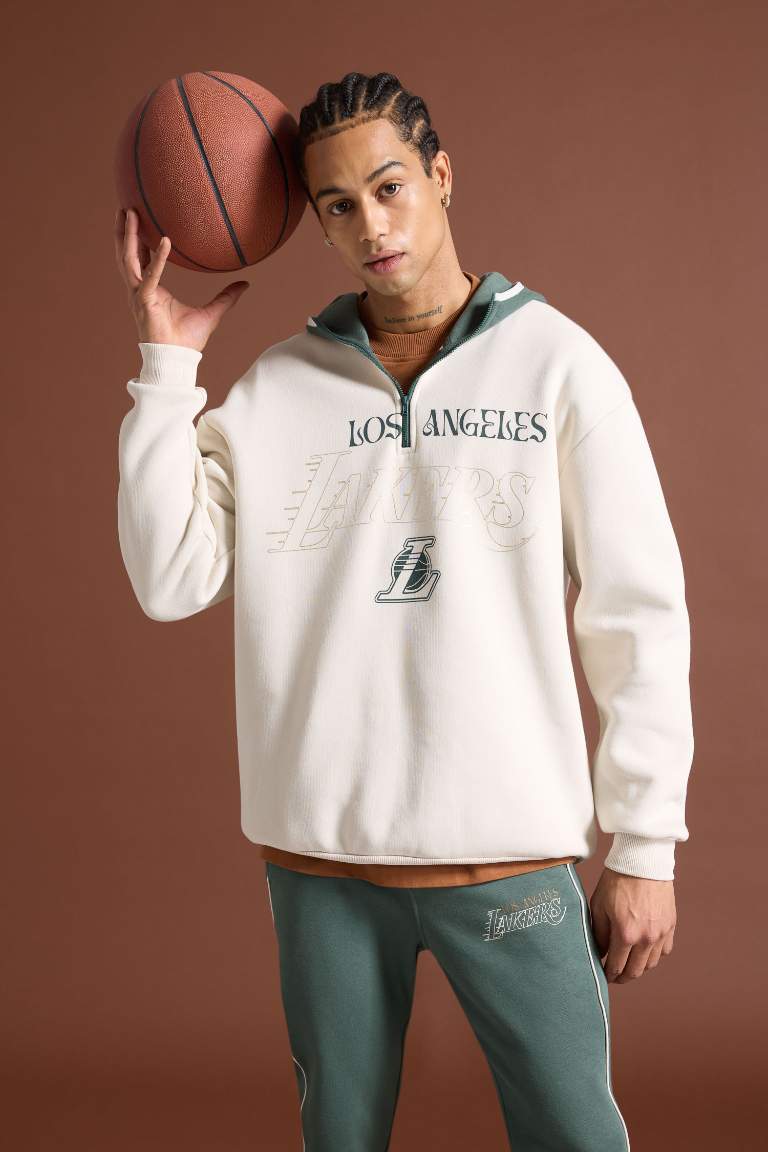 DeFactoFit NBA Los Angeles Lakers Boxy Fit Kapüşonlu Fermuarlı Kalın Sweatshirt