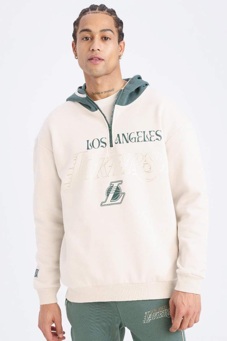 DeFactoFit NBA Los Angeles Lakers Boxy Fit Kapüşonlu Fermuarlı Kalın Sweatshirt