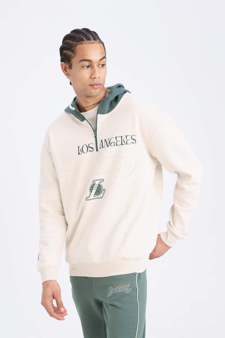 DeFactoFit NBA Los Angeles Lakers Boxy Fit Kapüşonlu Fermuarlı Kalın Sweatshirt