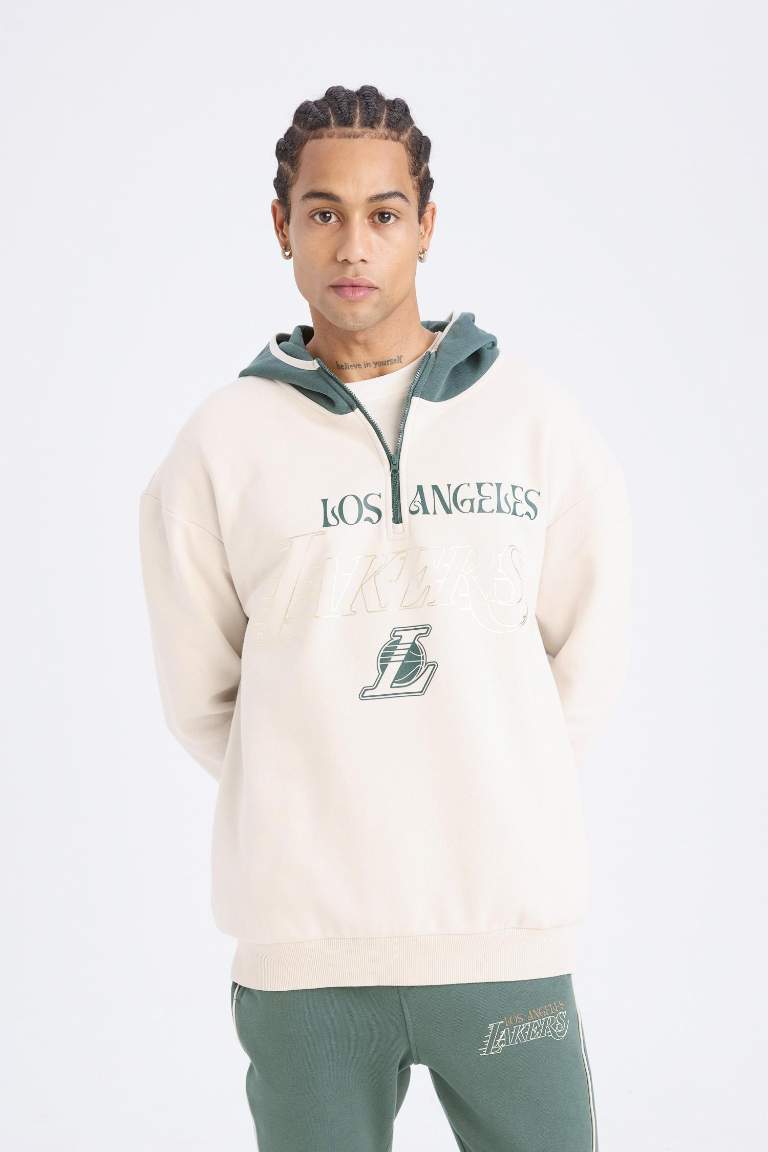 DeFactoFit NBA Los Angeles Lakers Boxy Fit Kapüşonlu Fermuarlı Kalın Sweatshirt