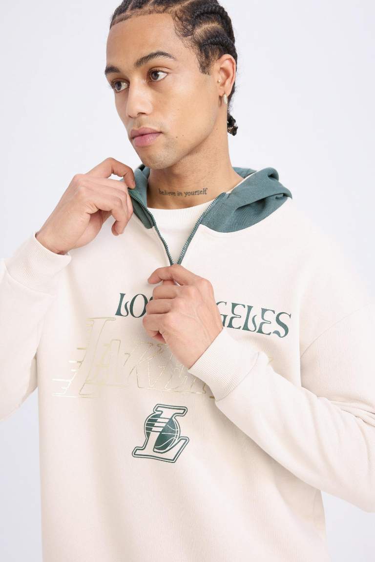 DeFactoFit NBA Los Angeles Lakers Boxy Fit Kapüşonlu Fermuarlı Kalın Sweatshirt