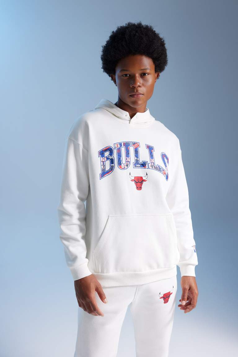 DeFactoFit NBA Chicago Bulls Comfort Fit Kapüşonlu Kalın Sweatshirt