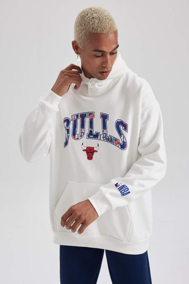 DeFactoFit NBA Chicago Bulls Comfort Fit Kapüşonlu Kalın Sweatshirt