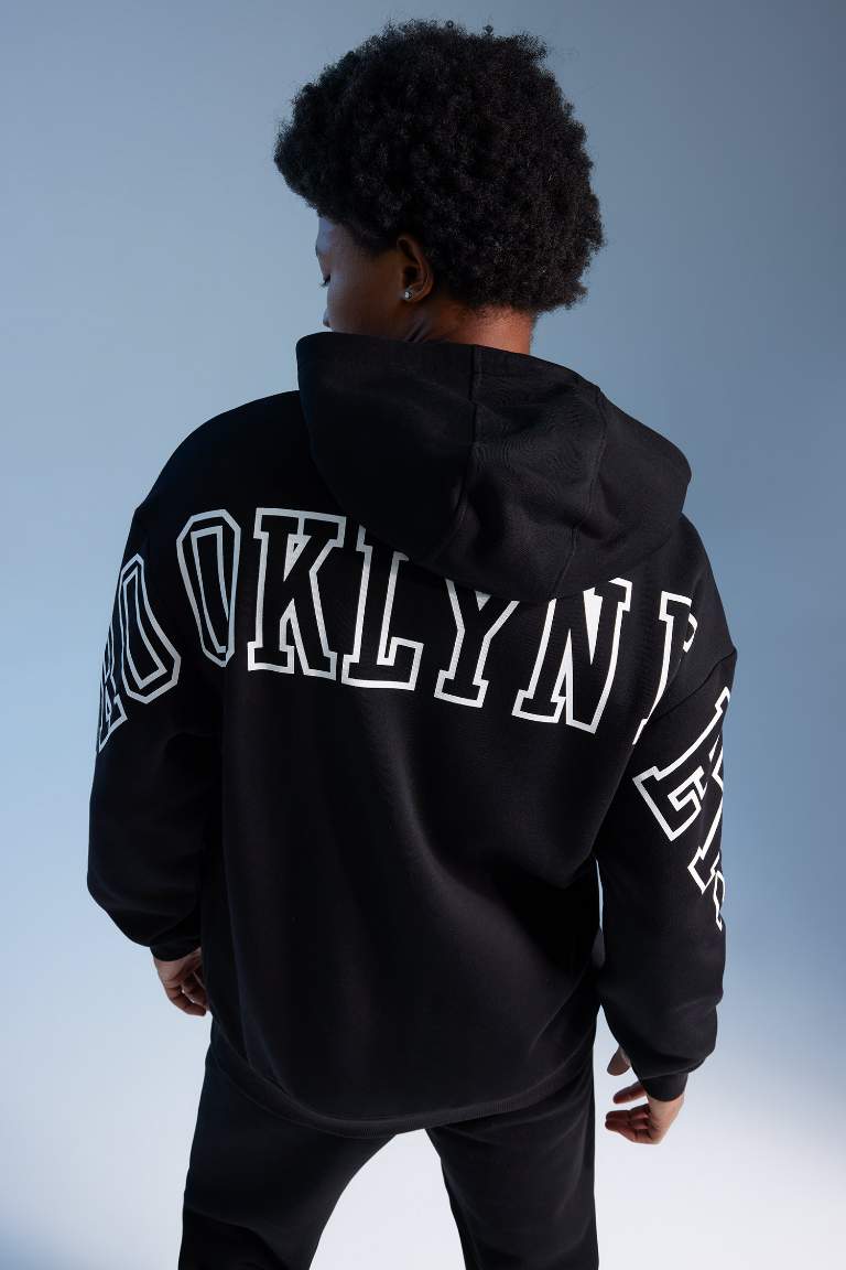 DeFactoFit NBA Brooklyn Nets Boxy Fit Kapüşonlu Sırt Baskılı Kalın Sweatshirt