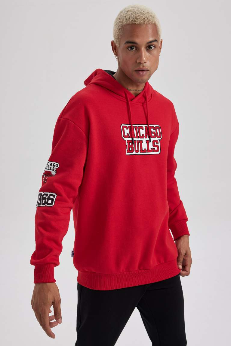 DeFactoFit NBA Chicago Bulls Boxy Fit Kapüşonlu Kalın Sweatshirt