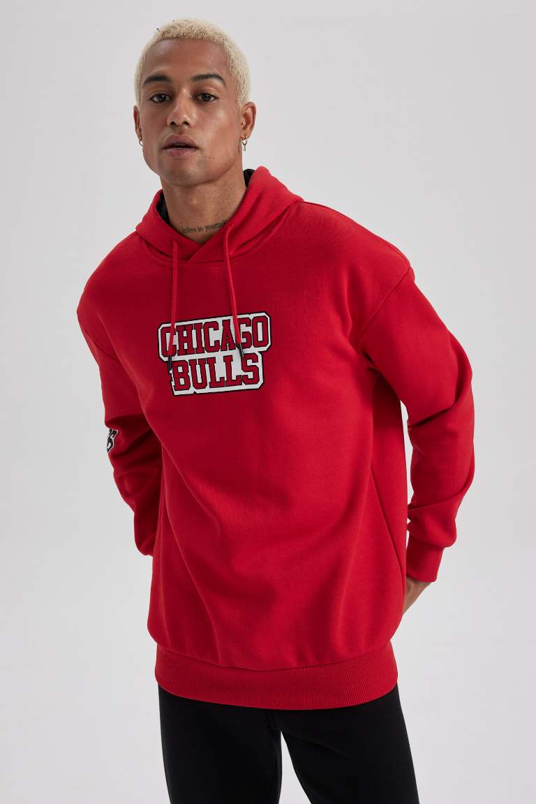 DeFactoFit NBA Chicago Bulls Boxy Fit Kapüşonlu Kalın Sweatshirt