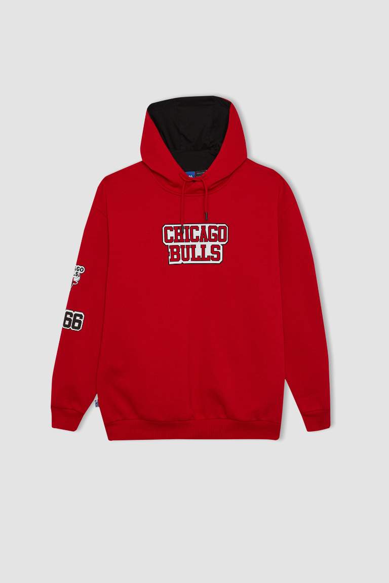 DeFactoFit NBA Chicago Bulls Boxy Fit Kapüşonlu Kalın Sweatshirt