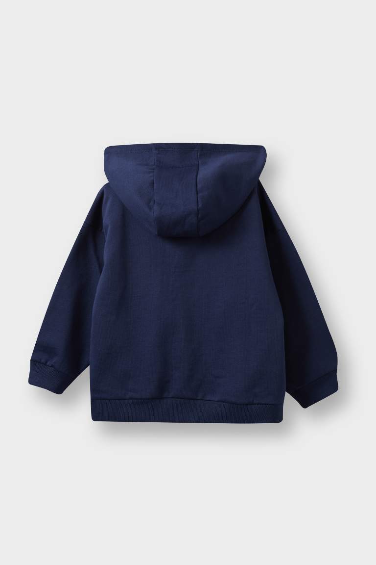 Erkek Bebek Kapüşonlu Basic Düz İçi Yumuşak Tüylü Fermuarlı Sweatshirt