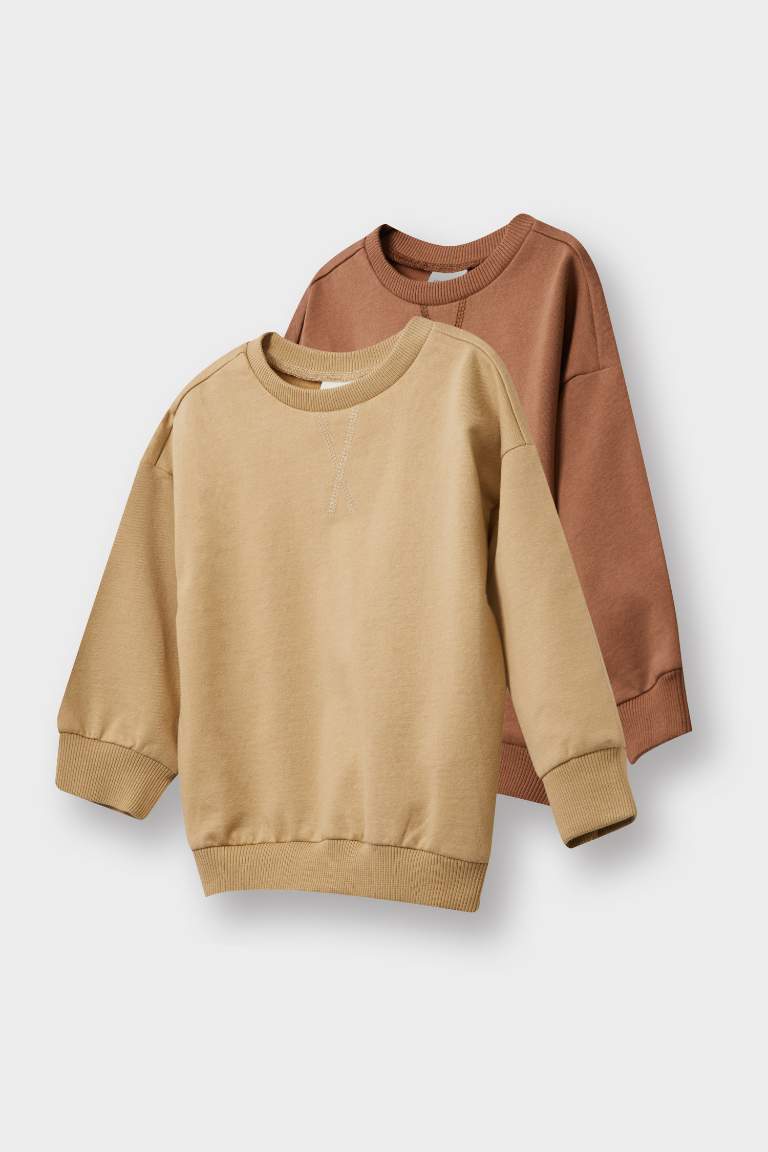 Erkek Bebek Bisiklet Yaka İçi Yumuşak Tüylü 2'li Sweatshirt