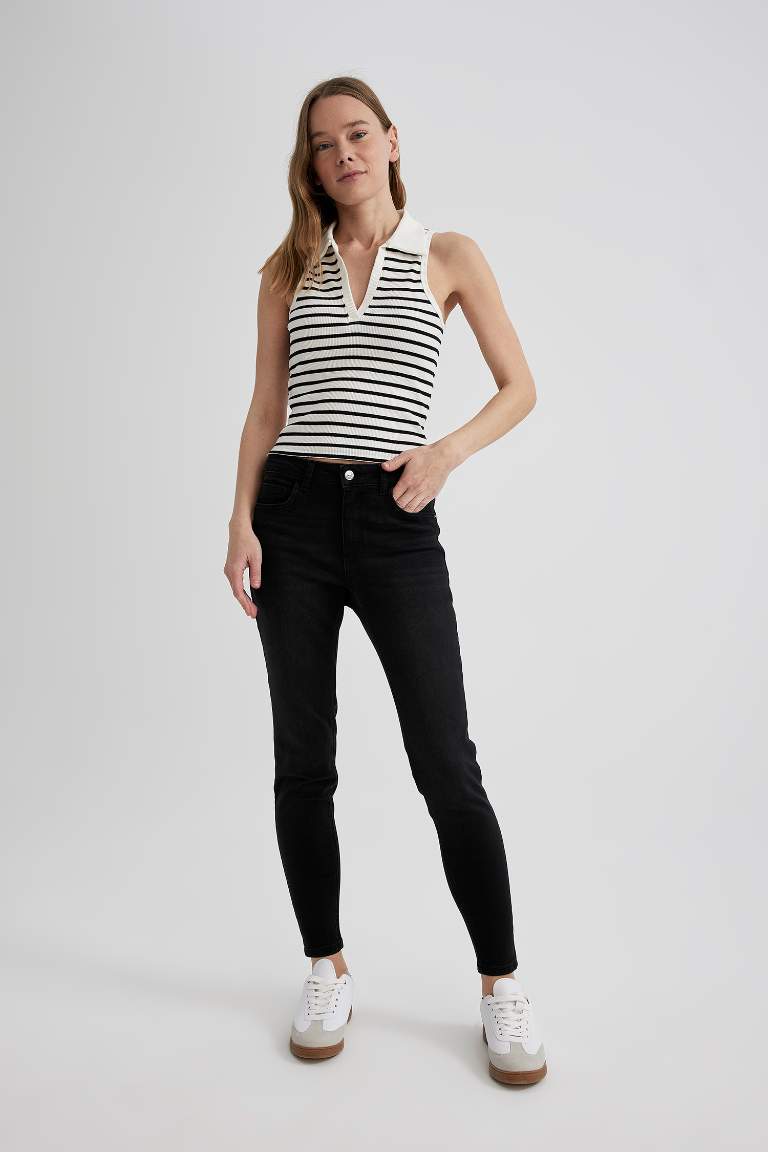 Slim Fit Dar Kesim Çizgili Polo Yaka Fitilli Kaşkorse Atlet