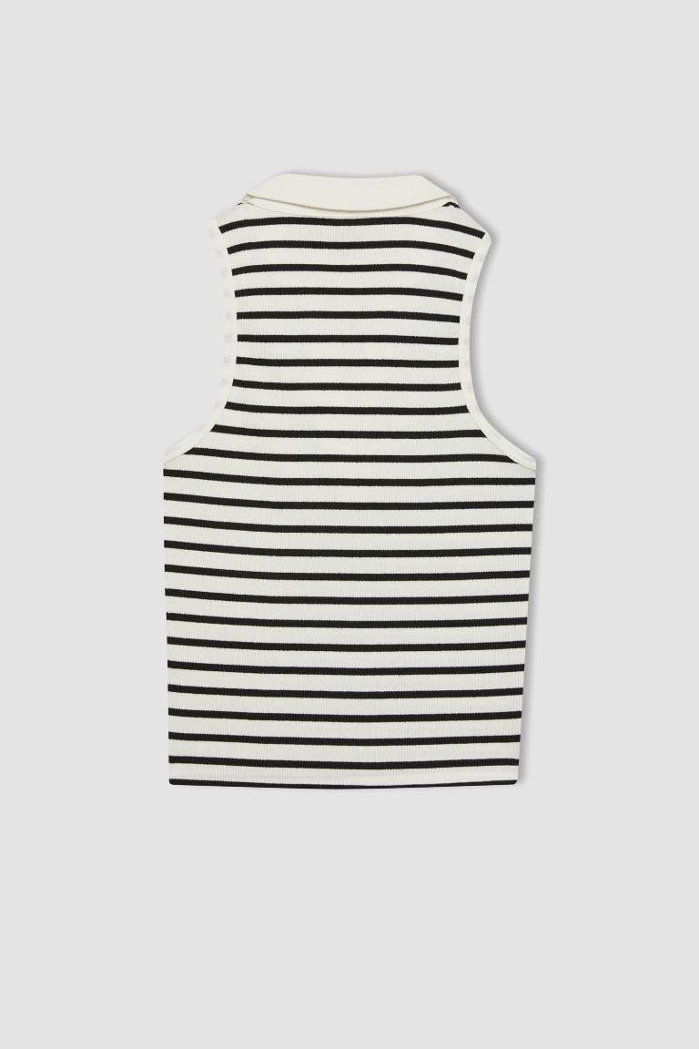 Slim Fit Dar Kesim Çizgili Polo Yaka Fitilli Kaşkorse Atlet