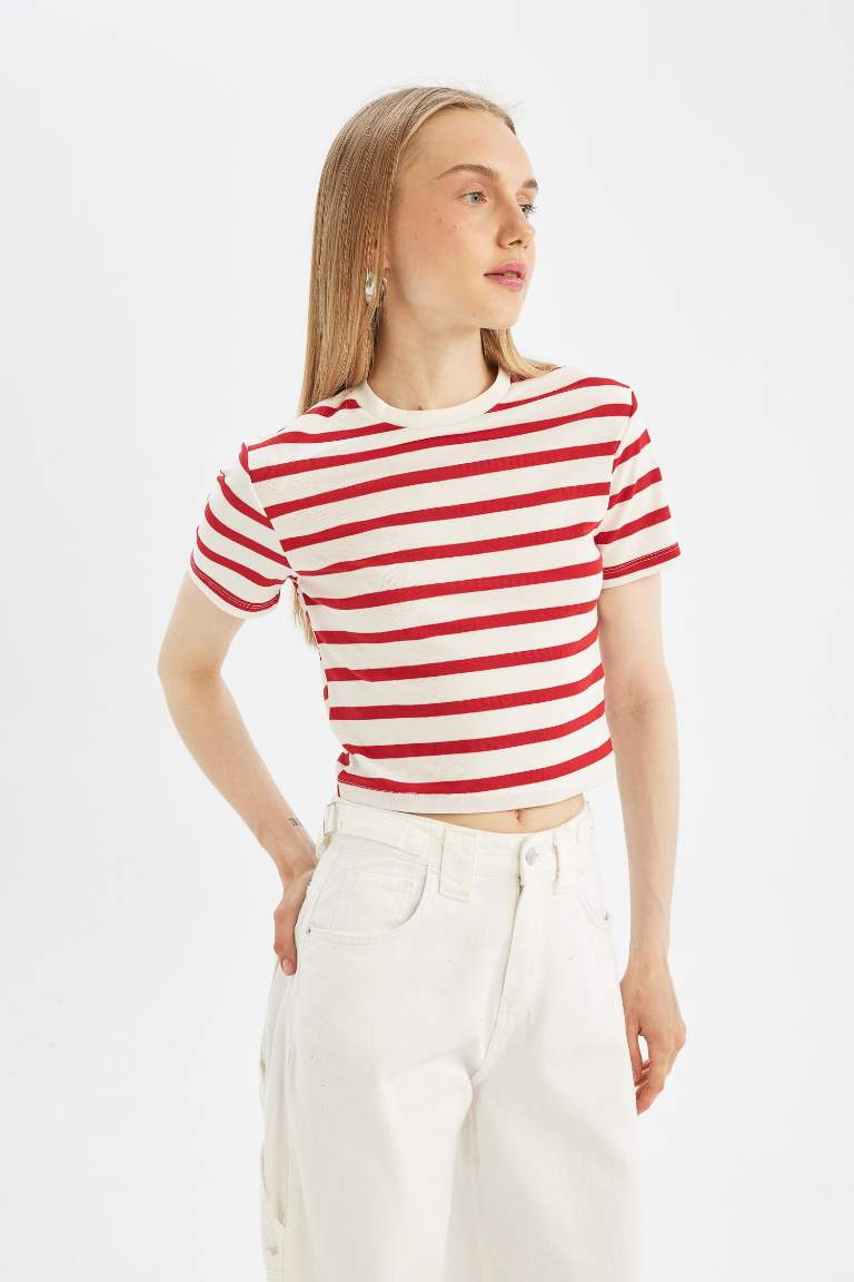 Fitted Striped Ribbed Short Sleeve T-Shirt