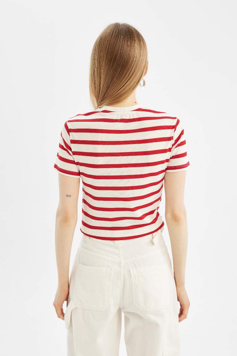 Fitted Striped Ribbed Short Sleeve T-Shirt