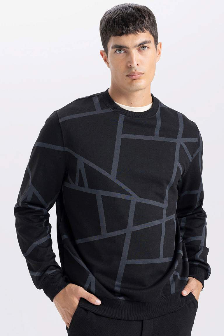 Modern Fit Bisiklet Yaka Desenli Sweatshirt