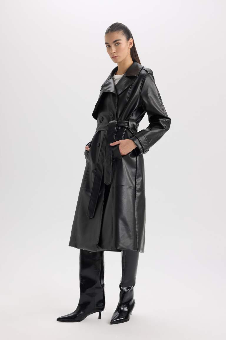 Waterproof Regular Fit Faux Leather Trenchcoat