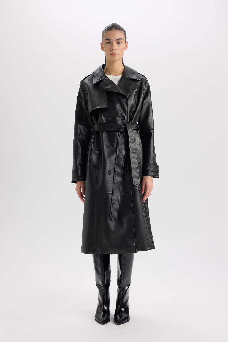 Waterproof Regular Fit Faux Leather Trenchcoat