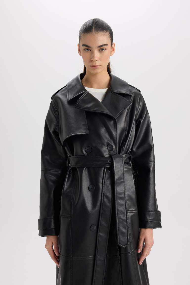 Waterproof Regular Fit Faux Leather Trenchcoat