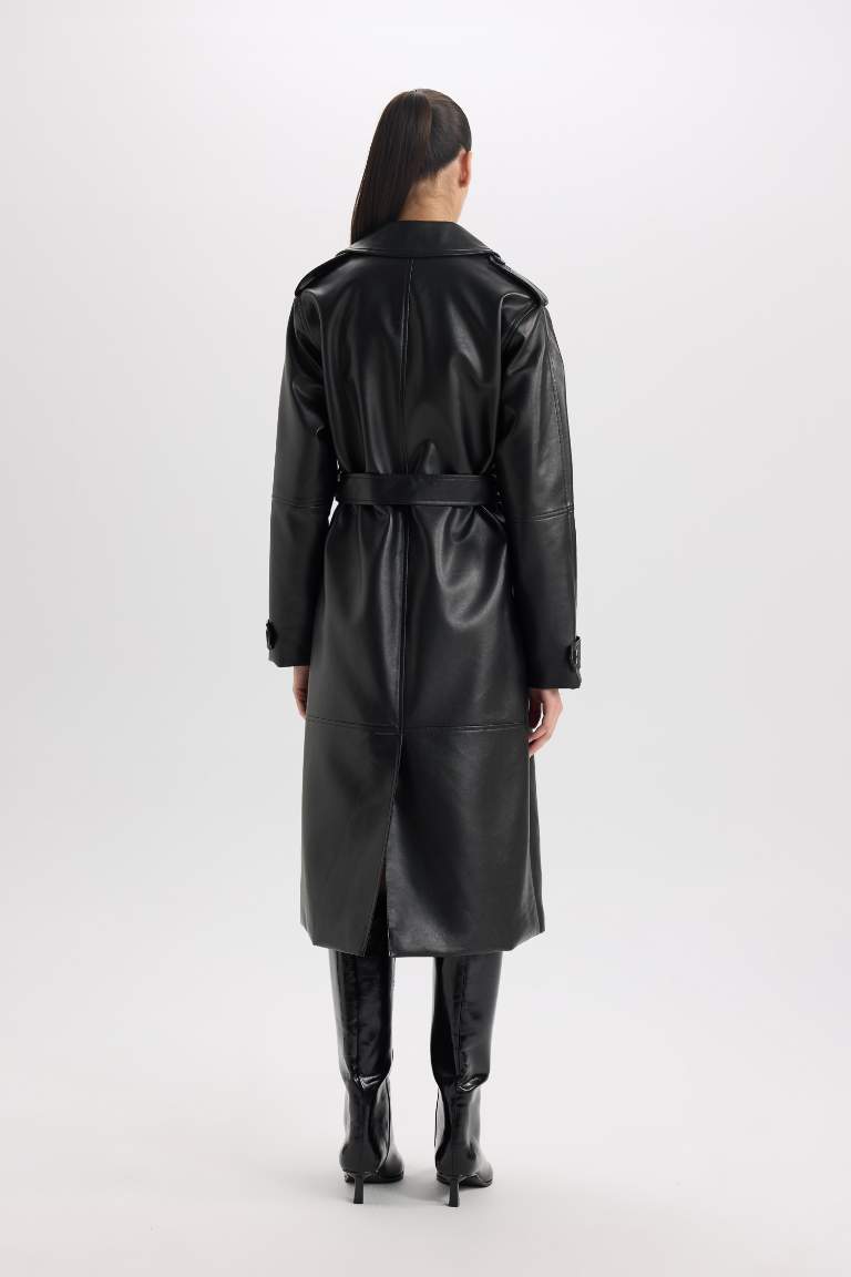 Waterproof Regular Fit Faux Leather Trenchcoat