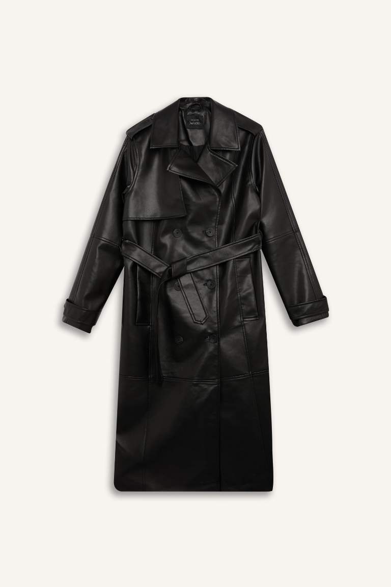 Waterproof Regular Fit Faux Leather Trenchcoat