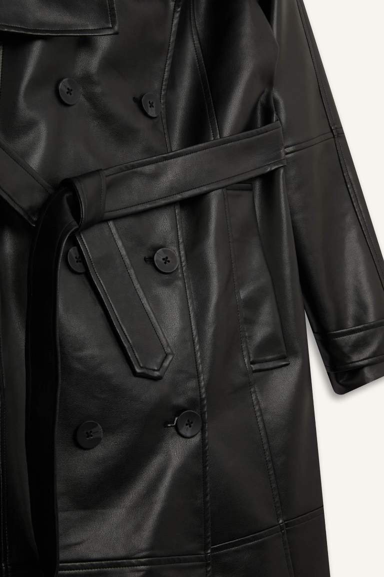 Waterproof Regular Fit Faux Leather Trenchcoat