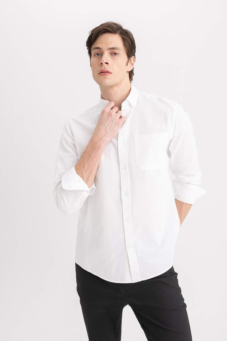 Regular Fit Polo Collar Oxford Long Sleeve Shirt