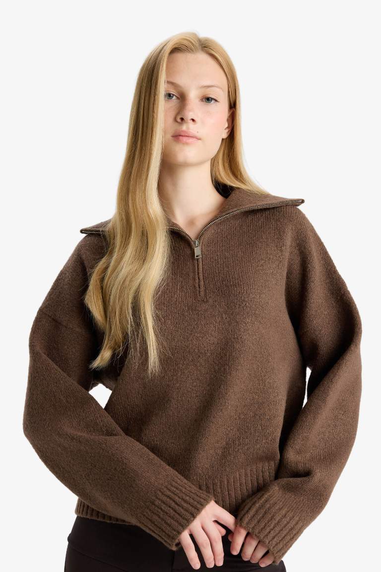 Oversize Geniş Kalıp Polo Yaka Yarım Fermuarlı Triko Kazak