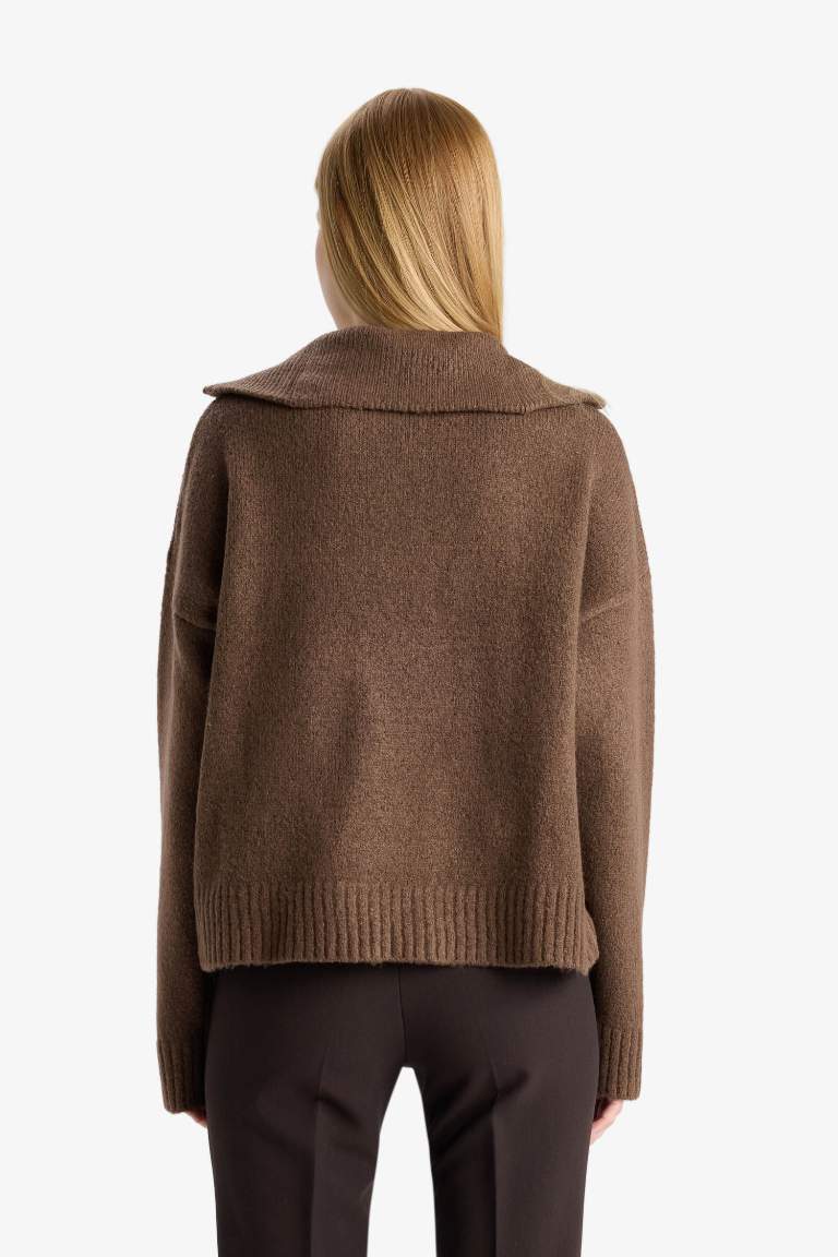Oversize Geniş Kalıp Polo Yaka Yarım Fermuarlı Triko Kazak