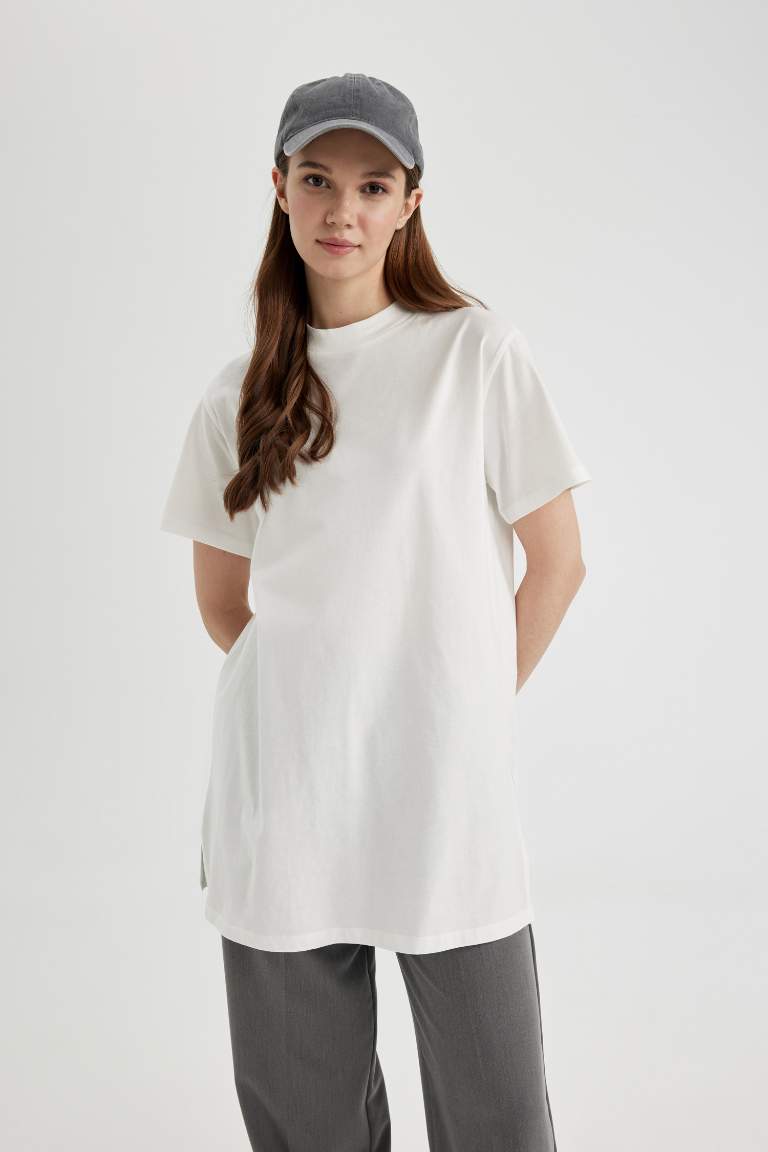 Regular Fit Crew Neck Short Sleeve Cotton T-Shirt Tunic