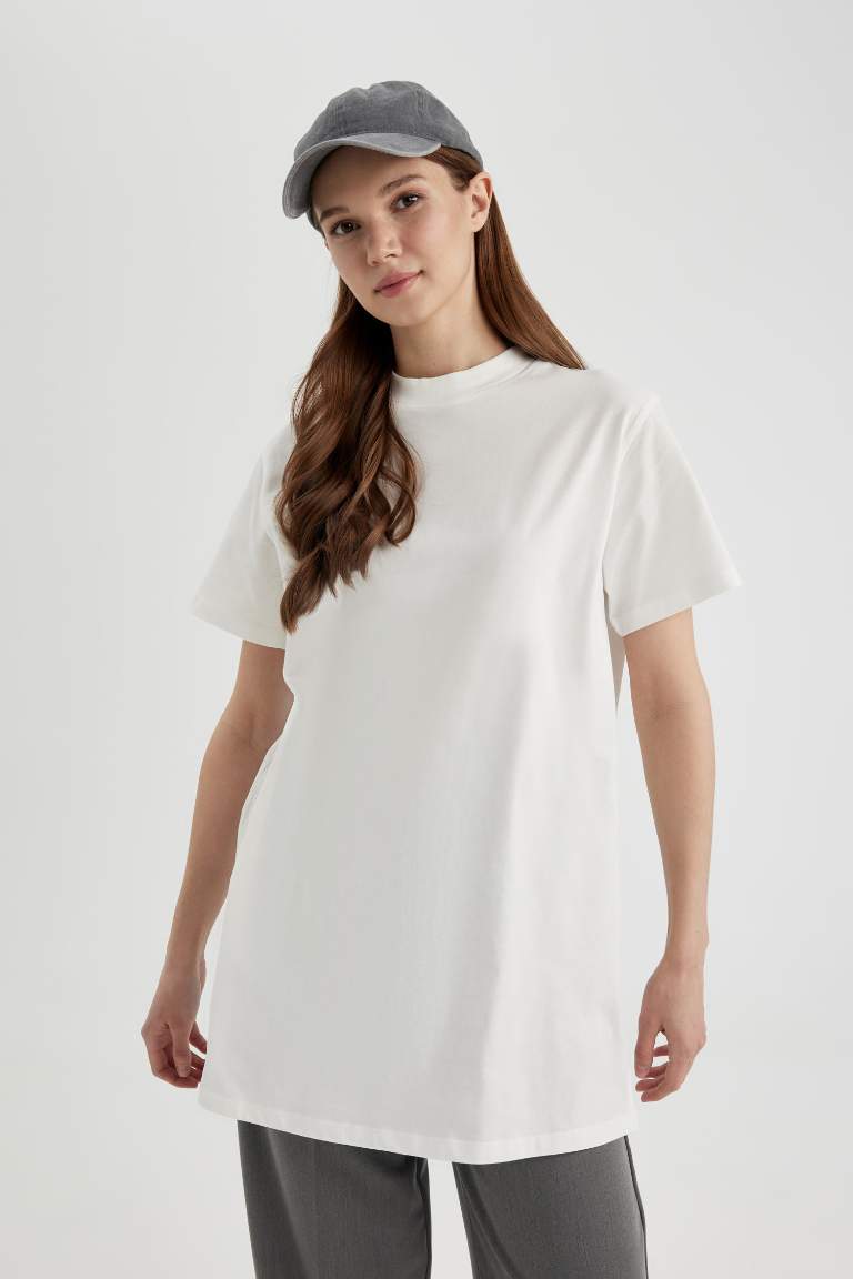 Regular Fit Crew Neck Short Sleeve Cotton T-Shirt Tunic