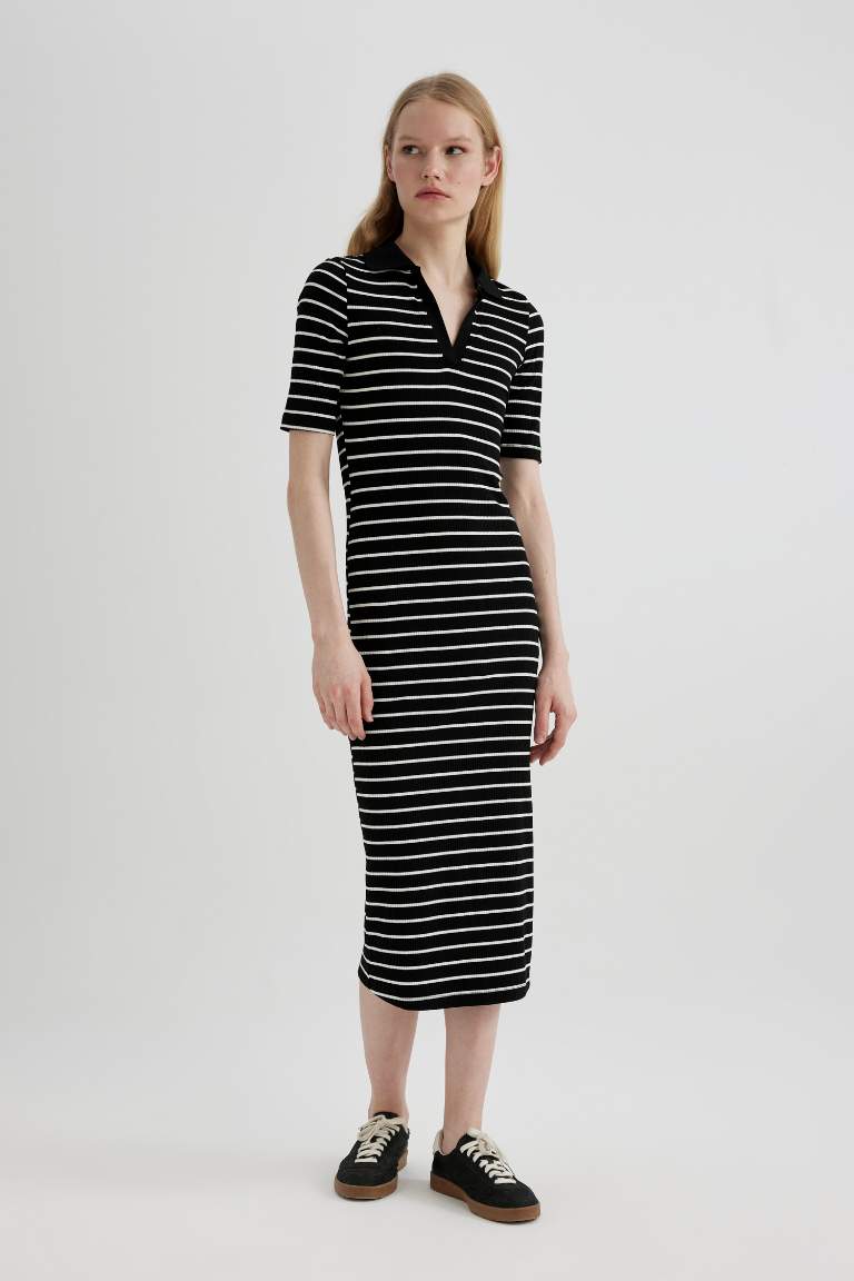 Bodycon Polo Neck Striped Ribbed Camisole Midi Dress