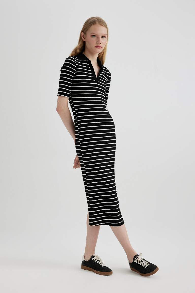 Bodycon Polo Neck Striped Ribbed Camisole Midi Dress