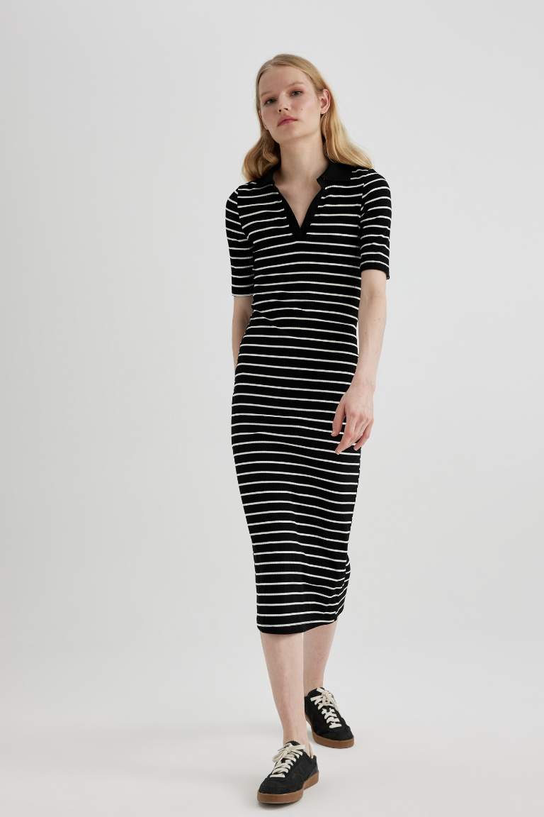 Bodycon Polo Neck Striped Ribbed Camisole Midi Dress