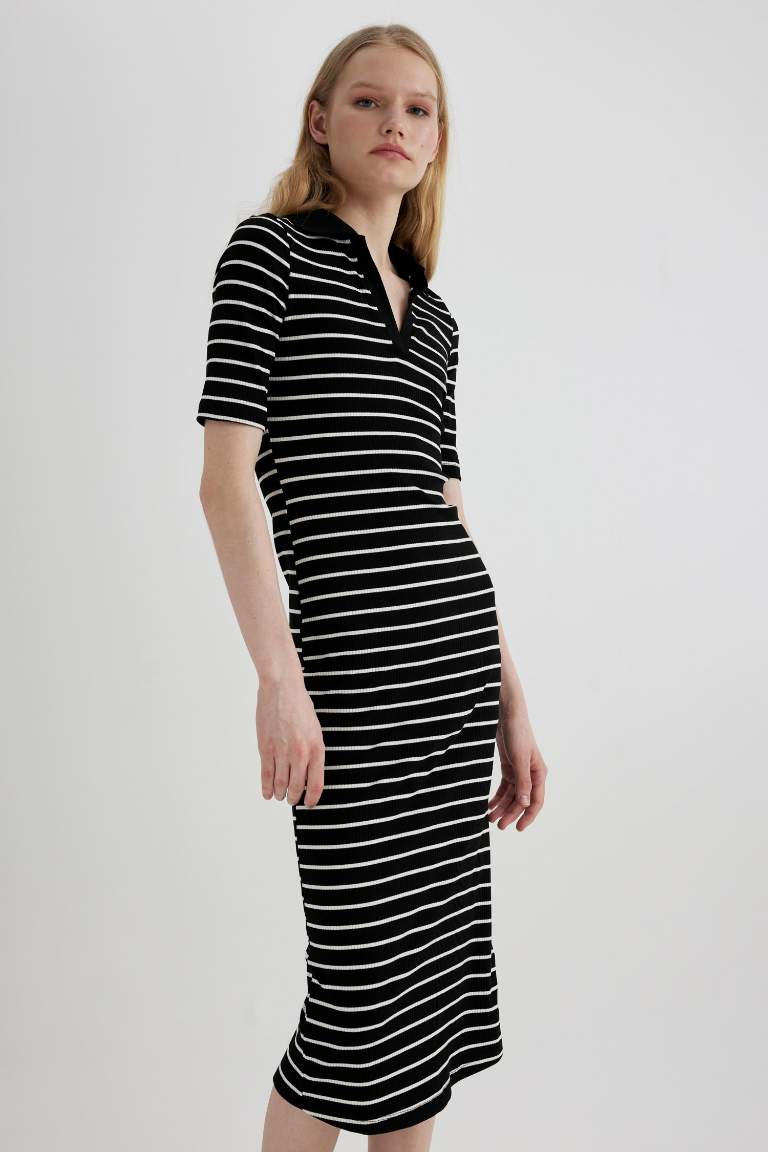 Bodycon Polo Neck Striped Ribbed Camisole Midi Dress