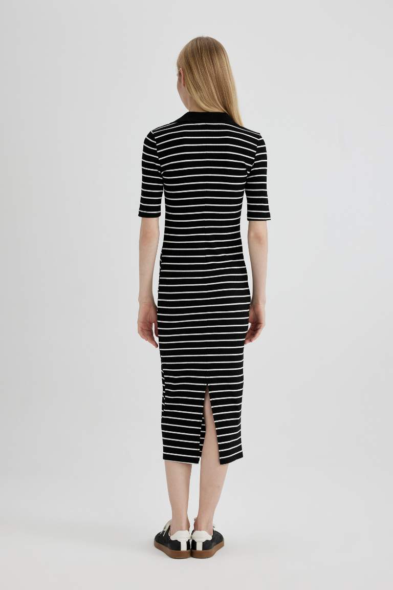 Bodycon Polo Neck Striped Ribbed Camisole Midi Dress