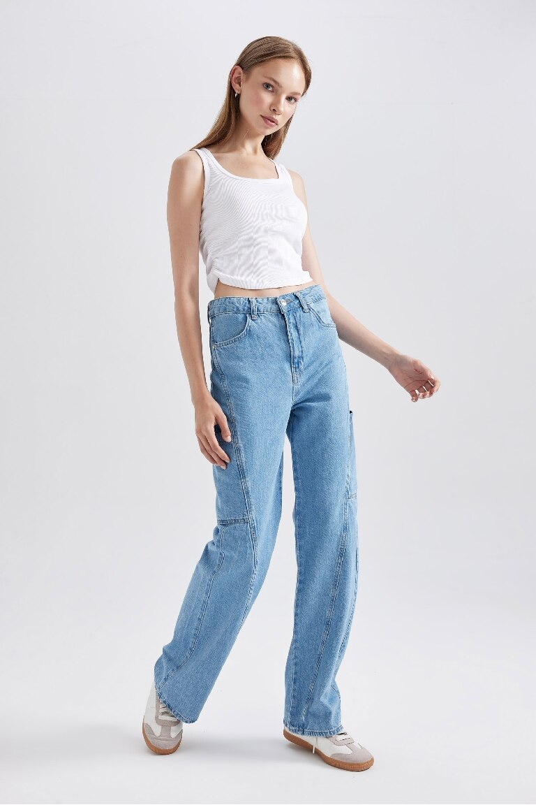 90's Wide Leg Yüksek Bel Geniş Paça Kargo Cepli Jean Pantolon